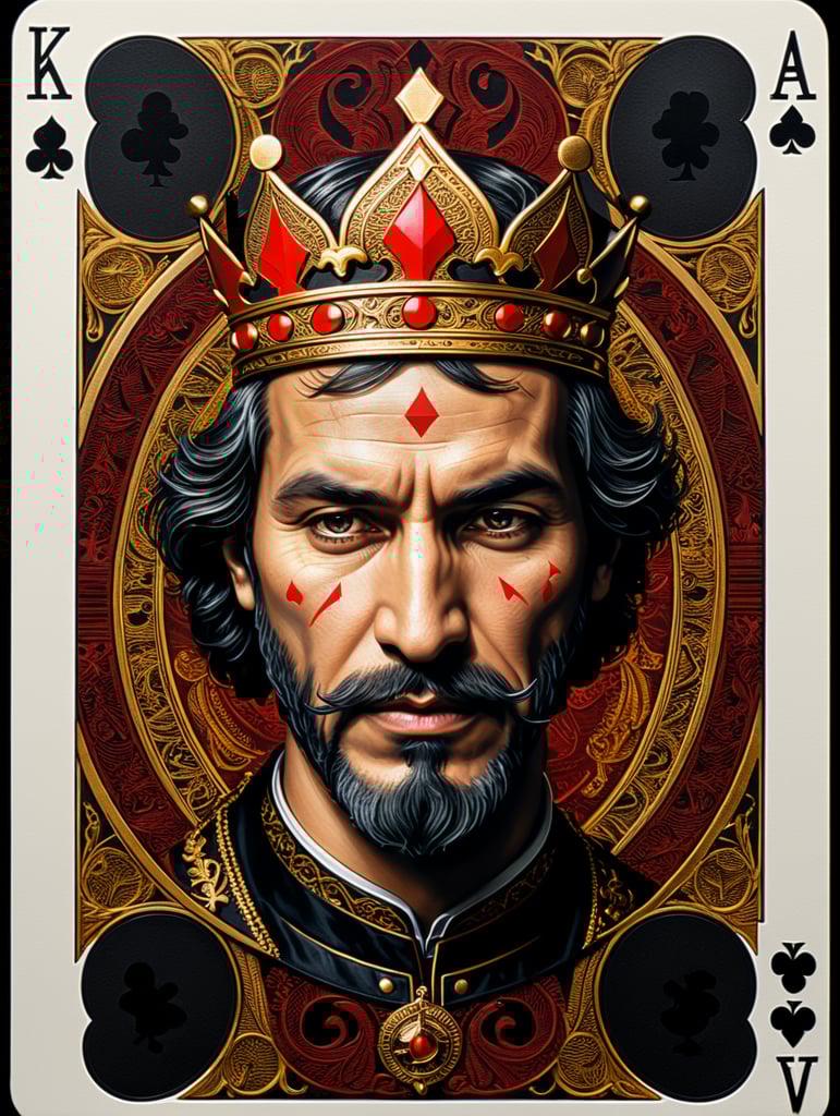 king of clubs playing card, face card, linocut art style, black ink, ultra realism, super detailed, professional shot, bold saturated colors, sharp focus, highly detailed