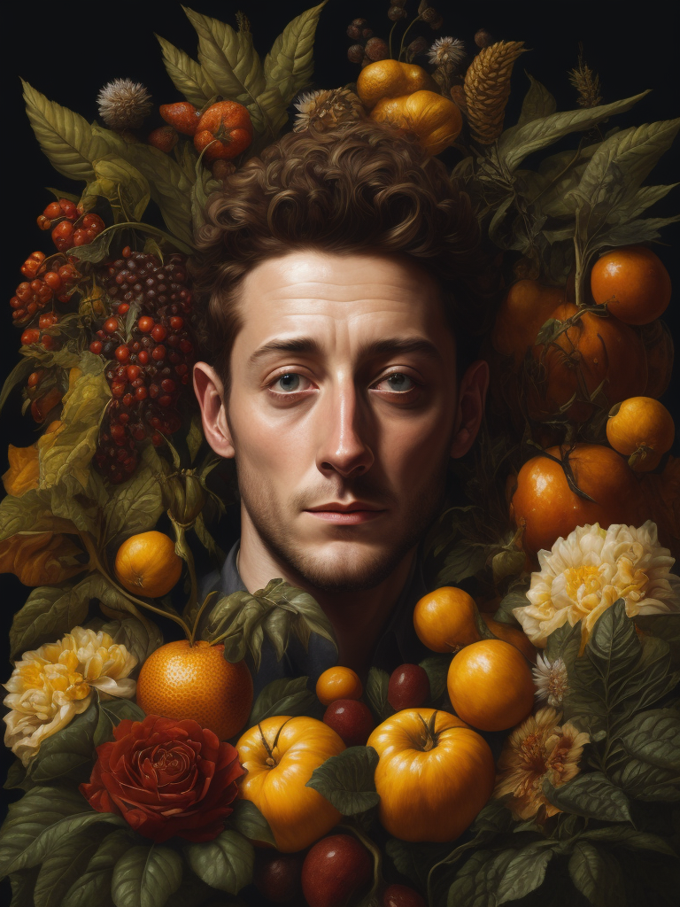 a painting of Jeremy Allen White's head surrounded by flowers and fruit, Painting, Oil, Still Life, Botanical, Italy, style of Giuseppe Arcimboldo