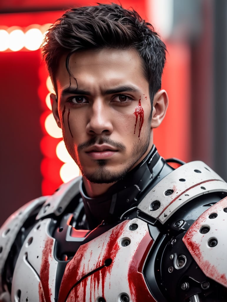 A realistic photograph of a 22-year-old man, with a scary angry expression, black messy short hair, dark black eyes, with a cut scar in the eye, with no beard, strong body, wearing a white robotic armor, covered with red dye, with a bright background with white leds, dramatic illumination, hyperdetailed, hyperrealistic, 8 k