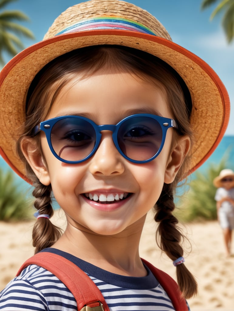 photo happy little girl going to travel, cute girl, Striped T-shirt, straw hat, sunglasses, harpers bizarre, cover, headshot, hyper realistic