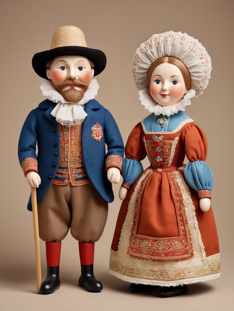A pair of anthropomorphic dolls in the style of Dutch tradition, soft sculpture, historical subjects, Danish design, folklore theme, colorful caricature