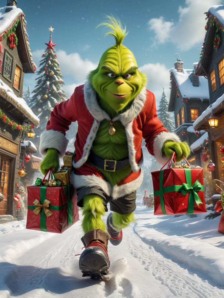 Grinch character running with money and Christmas gifts in snow boots