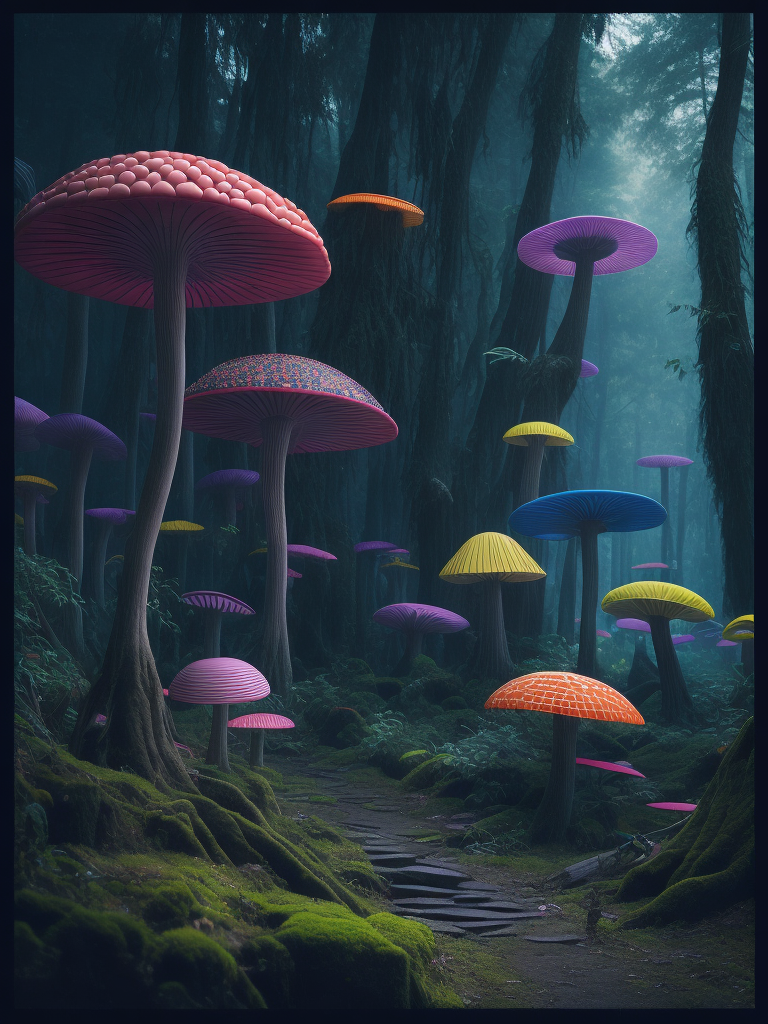 nature, high resolution, very detailed, crowded aliens, weird plants , unrealistic trees, trippy, big colored mushrooms, hallucination, bright colors, surrealism