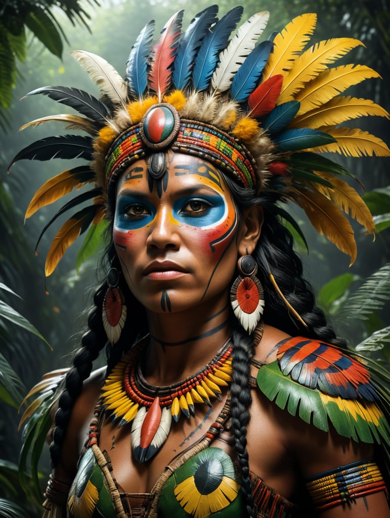 Crie uma arte baseada em uma figura indigena brasileira. com complementos animais da fauna do brasil.