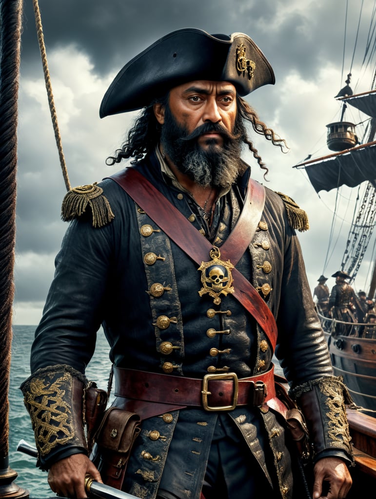 Taika Waititi as Blackbeard from TV series Our Flag Means Death in the rain on the pirate ship, cinematic, dark colours, wearing leather clothes