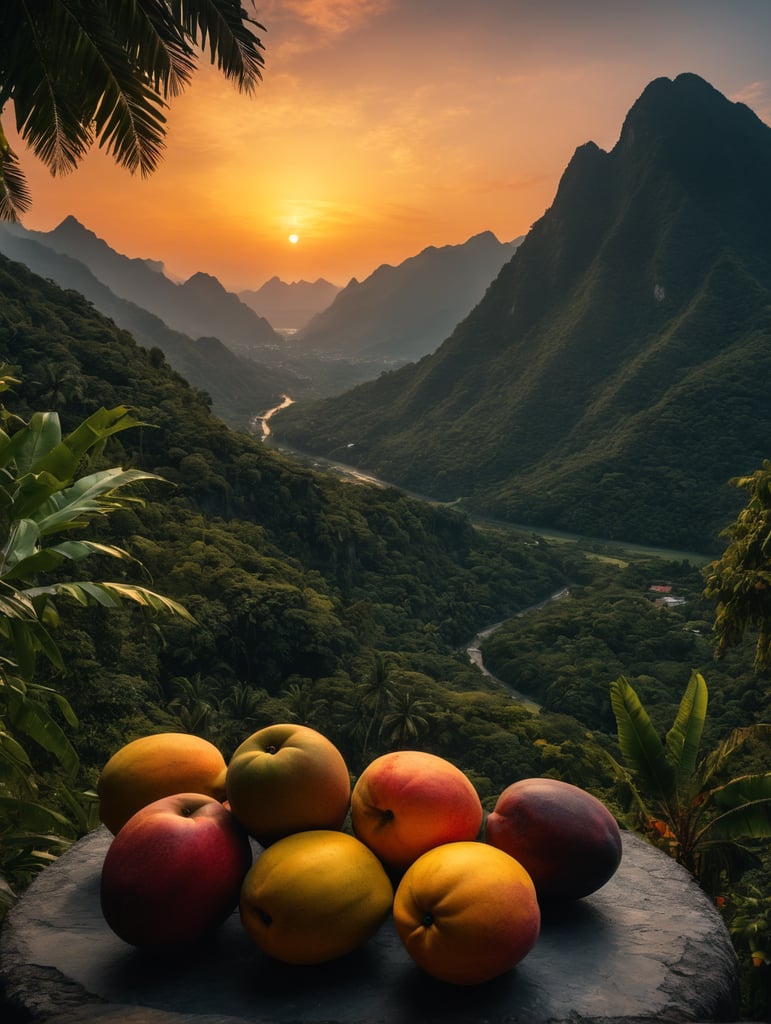 Mango and tropical fruit in a forest in front, unsharp background with sunset vibrant colors nature art scenic horizon mountain range skyline views artistic beauty colorful scenery nature photography sunset inspiration