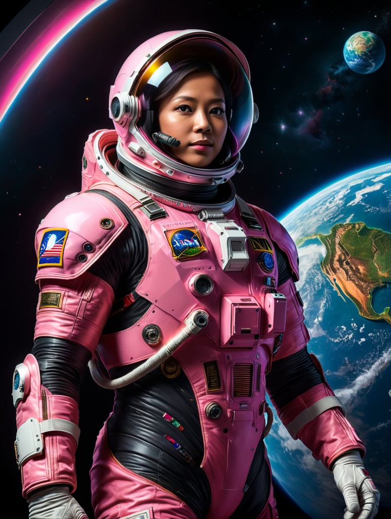 A Filipino person going to space, wearing pink color astronaut suit, Vivid saturated colors, Contrast light, studio photo, professional photo, Detailed image, floating on outside of a spaceship with Earth in the background.