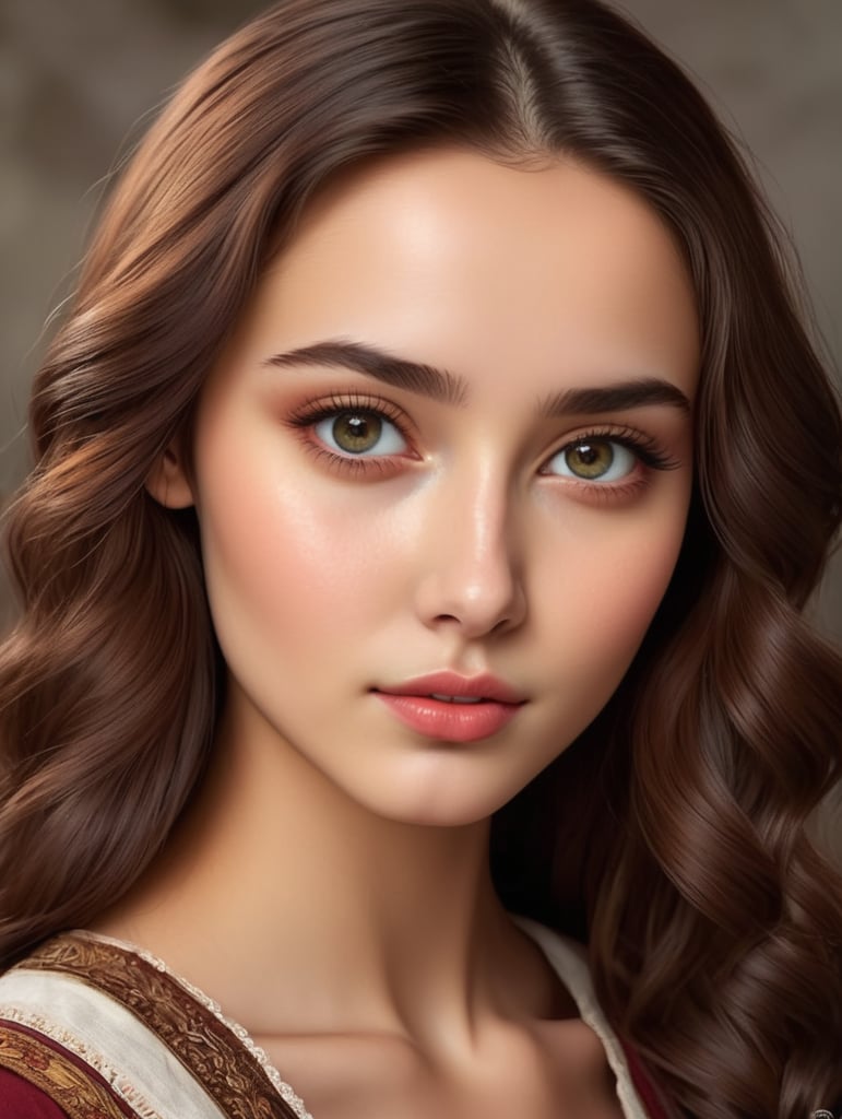Georgian era twenty year old girl with sharp exquisite bright dark eyes, chestnut hair, natural look, highly detailed, saturated colors, attractive, heart shaped small face, high cheekbones, fair skin