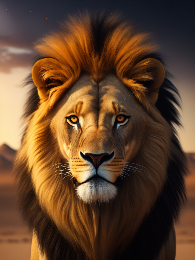 8k, desert background a lion with a black mane elegant lumen render octane render style lumen reflection illustration ultra hyper detailed magical photo realistic HD professional color 2. 8 22 megapixels photoshoot