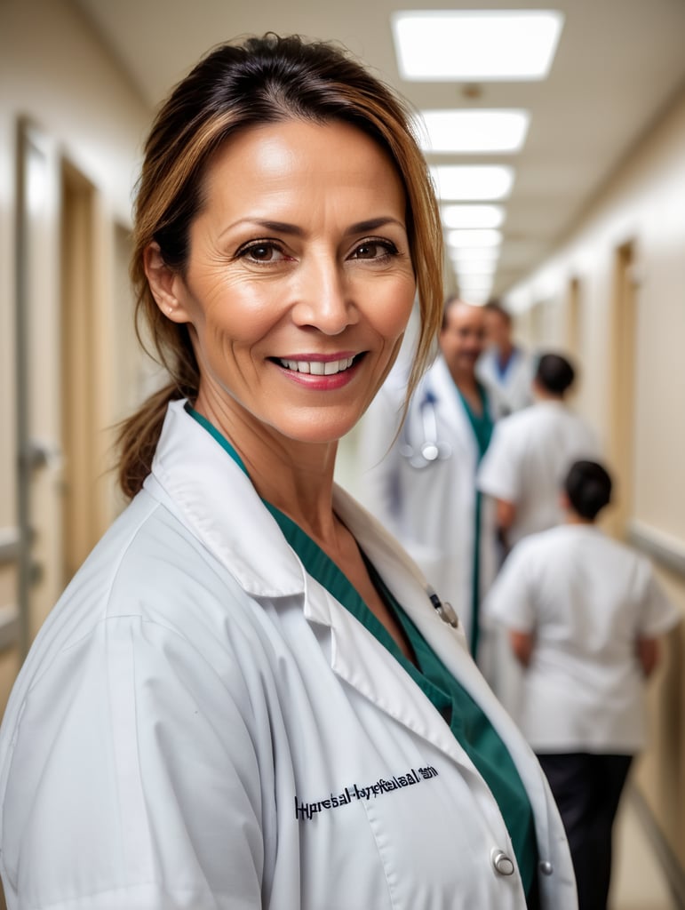 a 40-year-old female doctor, happily married, with an aged face, in a dirty white coat, unmotivated, working night shifts in a crowded hospital corridor, with many patients and nurses along the corridor