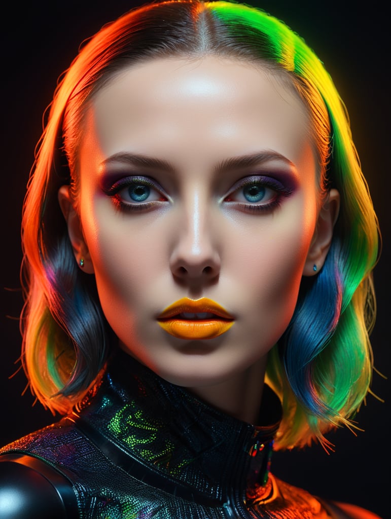 editorial fashion portrait, perfect face, masterpiece, neon colors, style laurie simmons, minimal figures