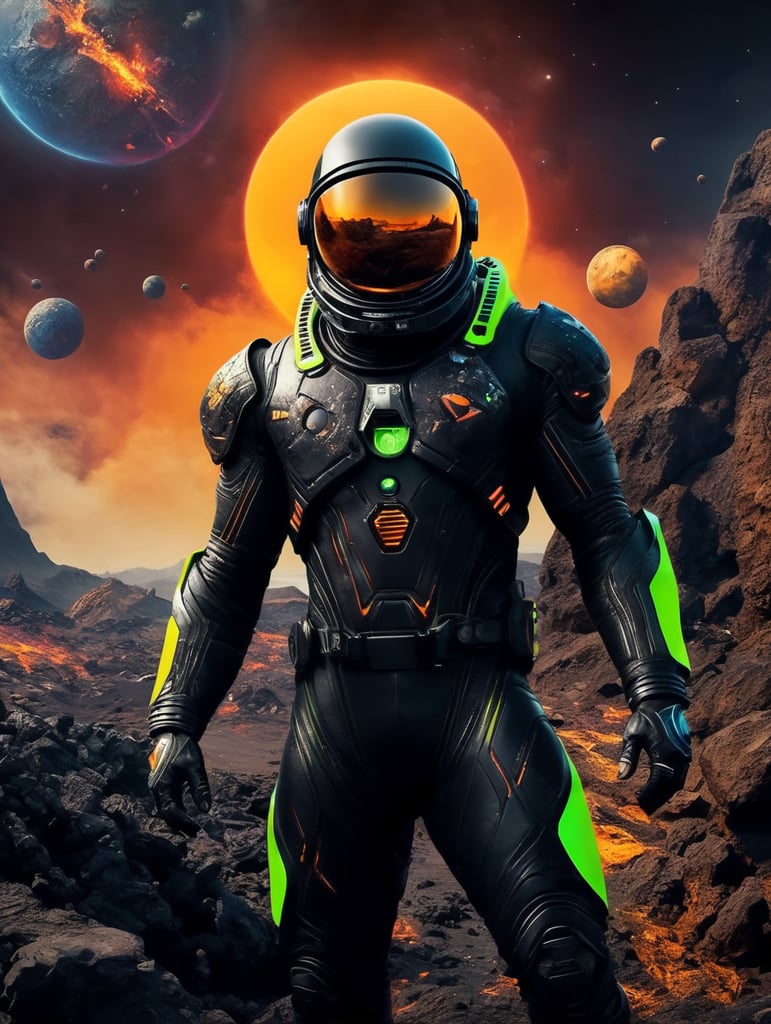 Space traveler in a black rock in middle of the universe. futuristic slim Astronaut suit with neon futuristic unique helmet , super hero style suit, warrior style suit, energy blast in the background, space war, more neon, energy explosion, fluor colours, yellow violet, vibrant, saturated, a lot graffiti on the suit. Scratch on the suit, Rocks like mars planet, volcano, movie poster style, war, noise,