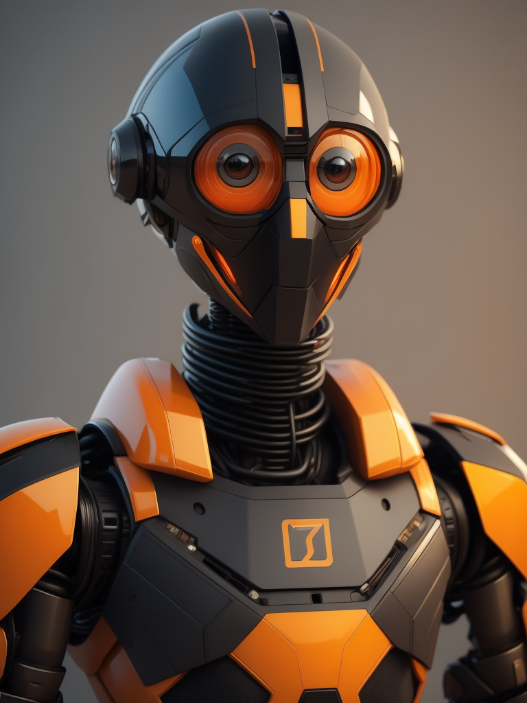 Orange and black AI robot, short and cute, simple 3d model, wearing jacket and glasses