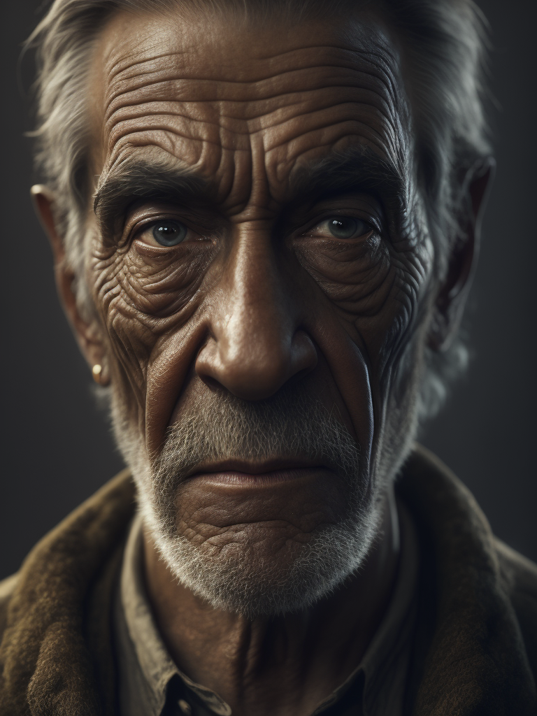 portrait of an old stoker, face covered in soot, dirty clothes, deep wrinkles on the face