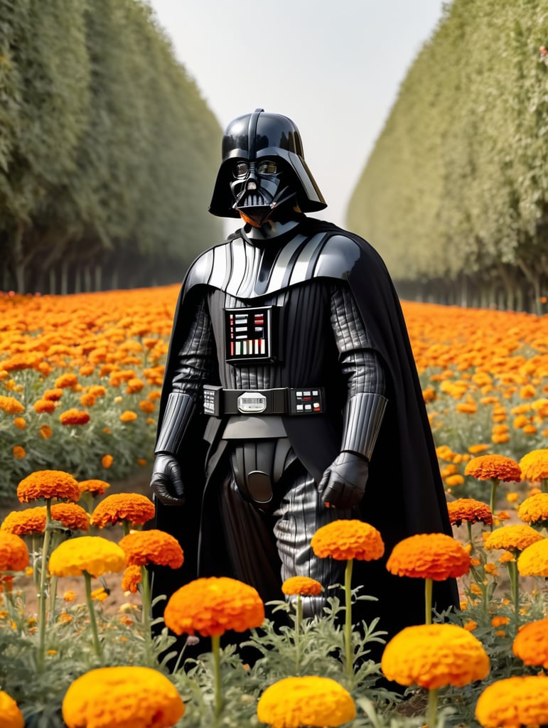 Darth Vader standing in a flower field of marigolds while looking up