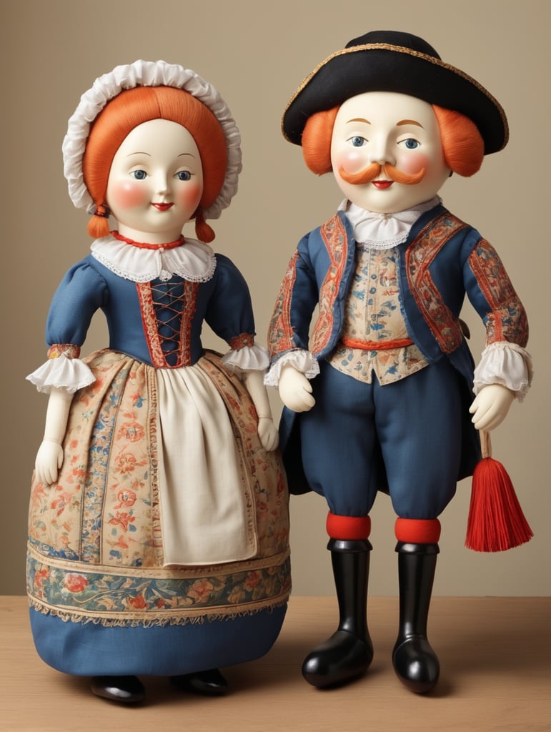 A pair of anthropomorphic dolls in the style of Dutch tradition, soft sculpture, historical subjects, Danish design, folklore theme, colorful caricature