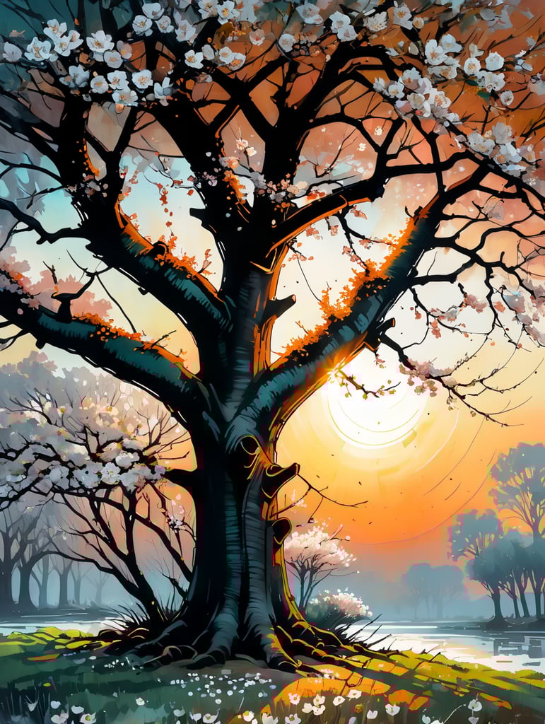 Apple tree covered in white blossom in springtime with early morning sun and dew.