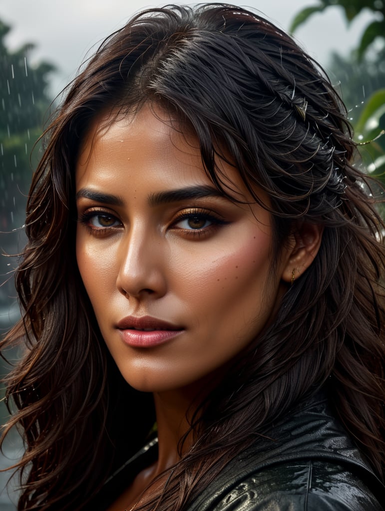 "beautifully demure Chitrangada Singh outside in the rain, dusky skin, big beautiful kohl eyes, wet dense black long hair, black eyes, alluring, revealing, blushing. Intricate details, HDR, beautifully shot, hyperrealistic, sharp focus, 64 megapixels, perfect composition, high contrast, cinematic, atmospheric, mid shot, photorealistic" "head and shoulders portrait, 8k resolution concept art portrait by Greg Rutkowski, Artgerm, Alphonse Mucha dynamic lighting hyperdetailed intricately detailed Splash art trending on Artstation triadic colors Unreal Engine 5 volumetric lighting, steampunk engine"