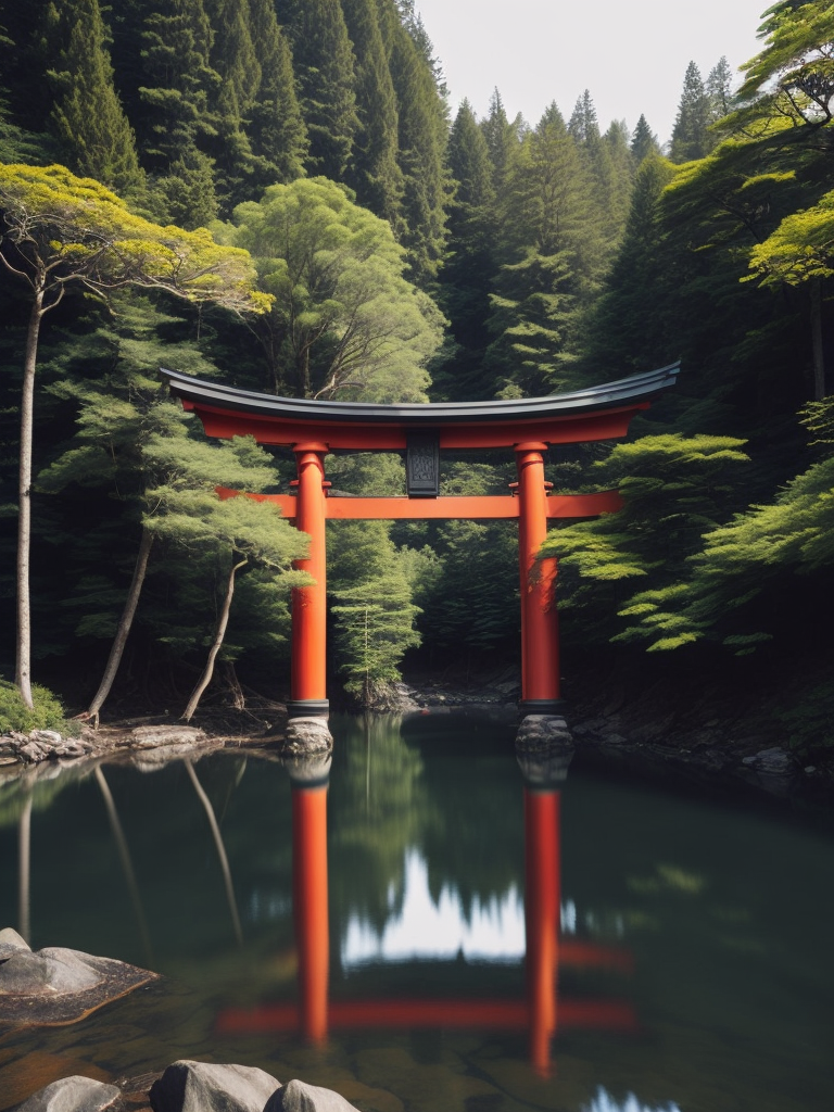 Red torii gate in middle of a lake, Dense forest on the edge of the lake, Bright and saturated colors, Japanese culture, photorealistic, contrast light