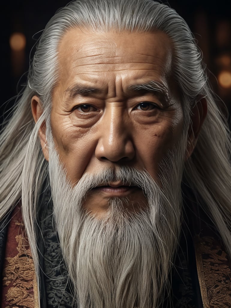 Wise old japanese man from tokyo with a long white beard, intricate, sharp focus, fantasy, cinematic lighting, other worldy, surreal 8k photo, dark moody aesthetic