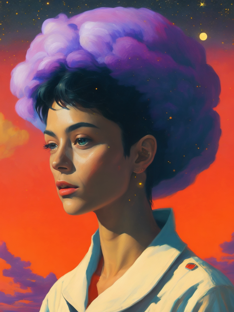 a space explorer, sailor moon, evangelion, female, beautiful, cumulonimbus colors, glitched face portrait, Painting, Illusionistic Realism style, naturalism, Oil on Canvas, brushstrokes, vibrant colors, by Ivan Aivazovsky and Simon Stålenhag