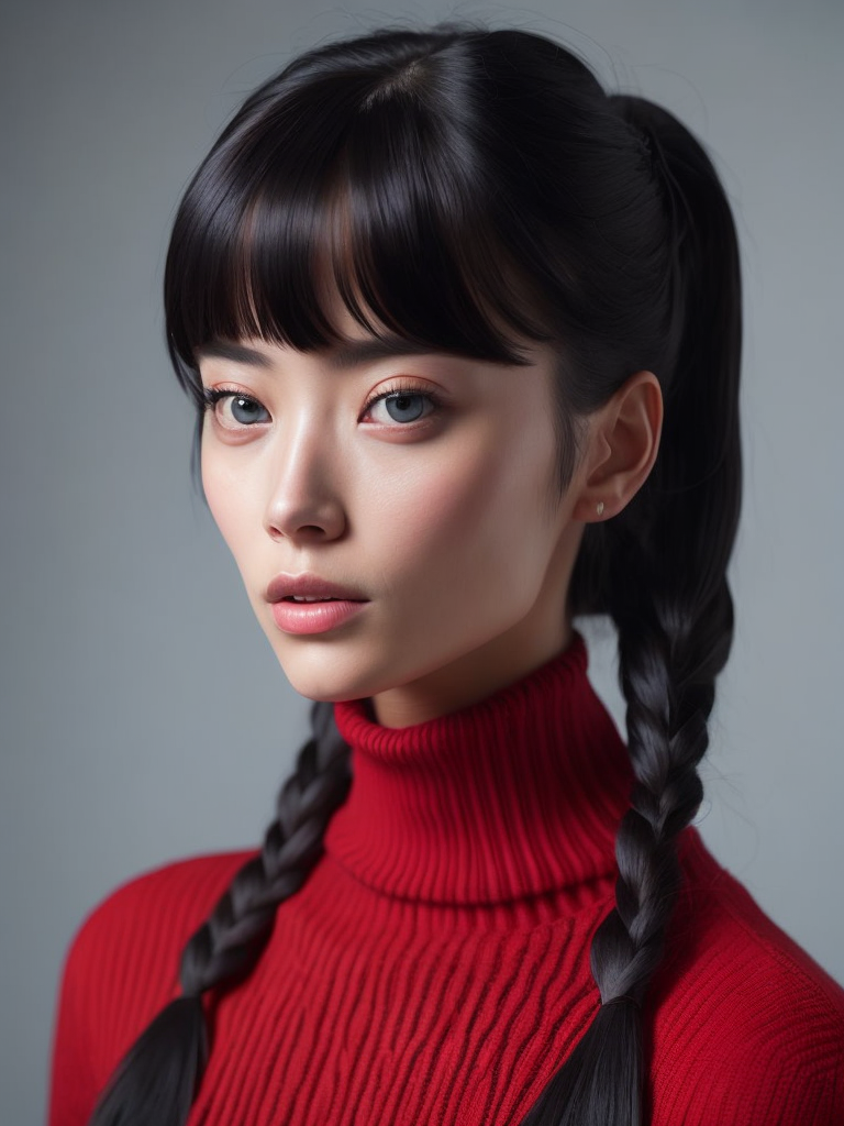 1girl, tohsaka rin, solo, long hair, sweater, red sweater, looking at viewer, blue background, black hair, simple background, two side up, turtleneck, blue eyes, lips, closed mouth, ribbon, hair ribbon, bangs, turtleneck sweater, upper body, parted bangs, black ribbon, ribbed sweater, twintails, nose,