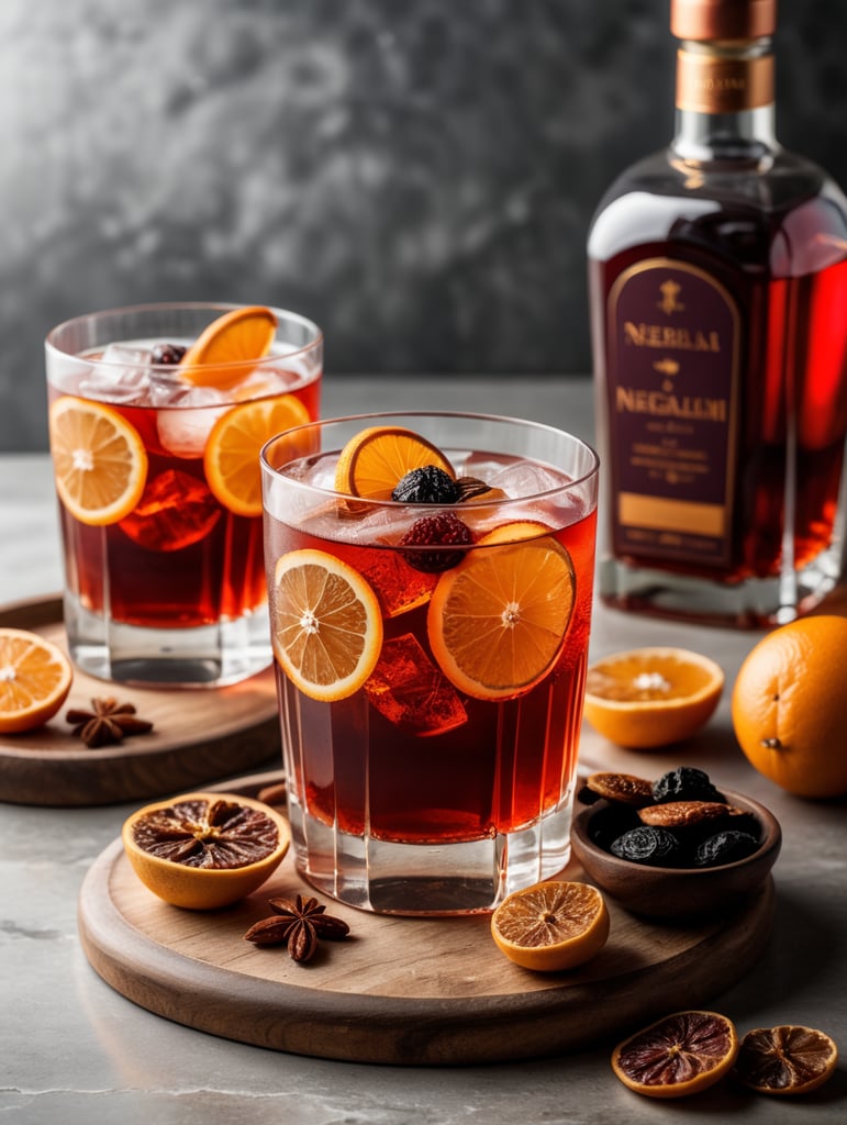 Negroni Cocktail with dried fruit slices