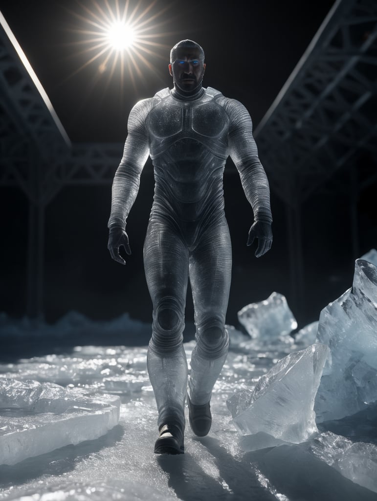 Translucent man made from the ice, walking on the surface of the sun