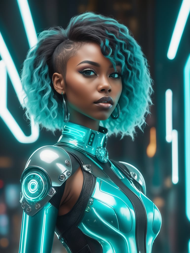 a young beautiful punkrock black woman with a cyan punkrock haircut in futuristic dress is posing in front of a neon light, in the style of realistic hyper-detailed rendering, white and cyan, greeble, timeless grace, evgeni gordiets, blink-and-you-miss-it detail, otherworldly beings