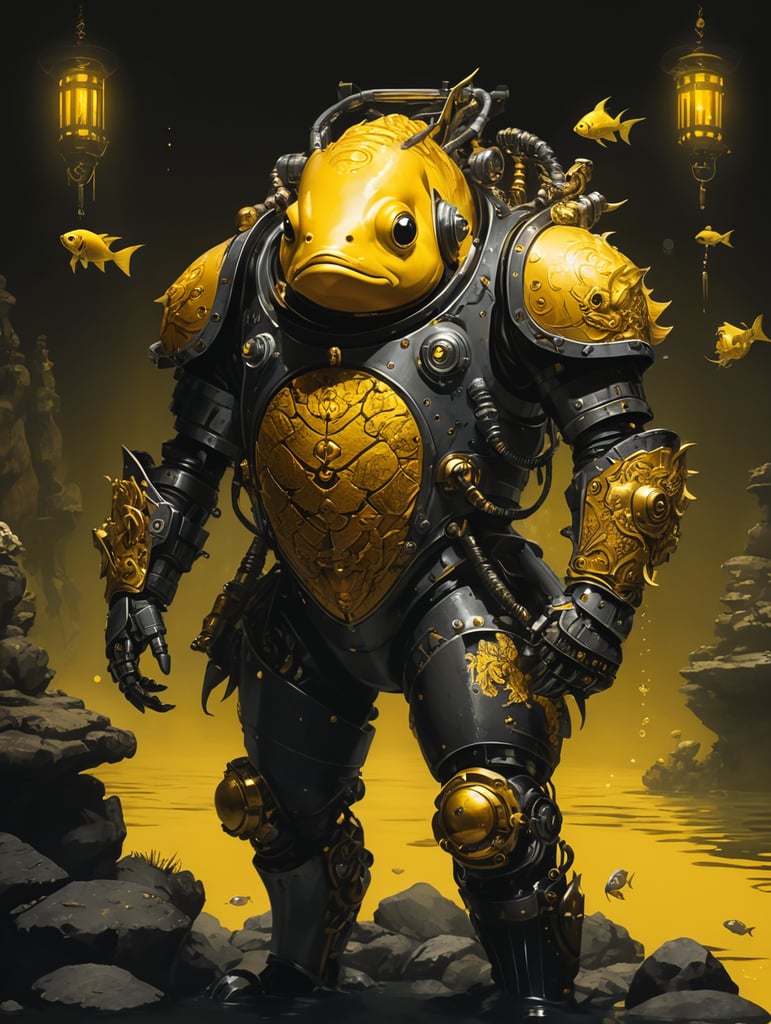 darkest dungeon art, golden fish who is in aquarim, controlling robot suit, and in fancy dress, background is yellow