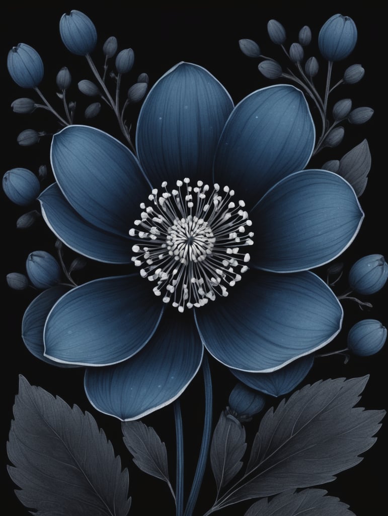 Рисунок темно синий лесной цветок с маленькими лепестками на чёрном фоне