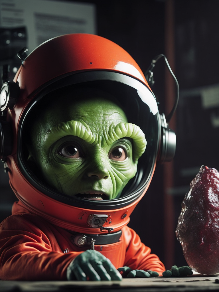 Hyper-realistic of a tiny green aggressive alien with two antennas each bearing an eye in real-life, his head on a big glass capsule helmet, garbed in a dark red astronaut suit, in an old lab looking at a grey-purple geode slimy rock is beside. The image boasts dramatic lighting, emphasizing the character's eerie yet fascinating demeanor