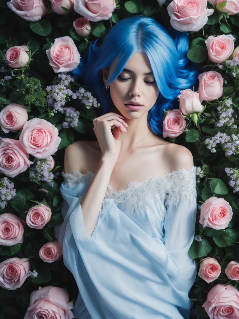 Desktop HD wallpaper: Flower, Rose, Dress, Model, Women, Blue Eyes, Blue Hair, Long Hair, Lying Down free download background picture,Human laying in flowers, top view, cinematic, dark light, beautiful colors, detailled, 4k