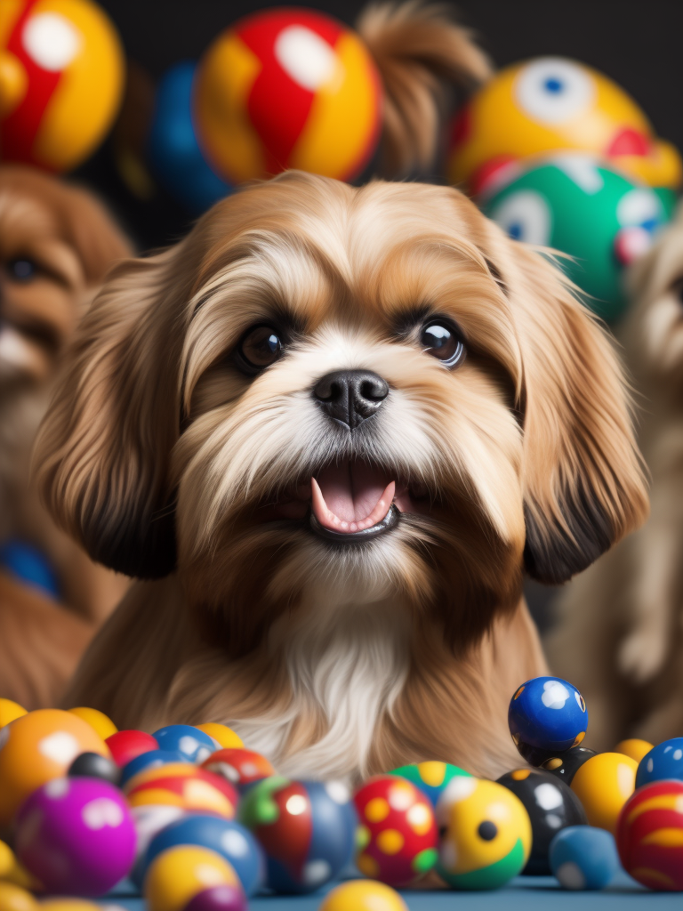 happy female caramel shih tzu dog surrounded by toys with tongue out hyper realistic depth of field colorful bright