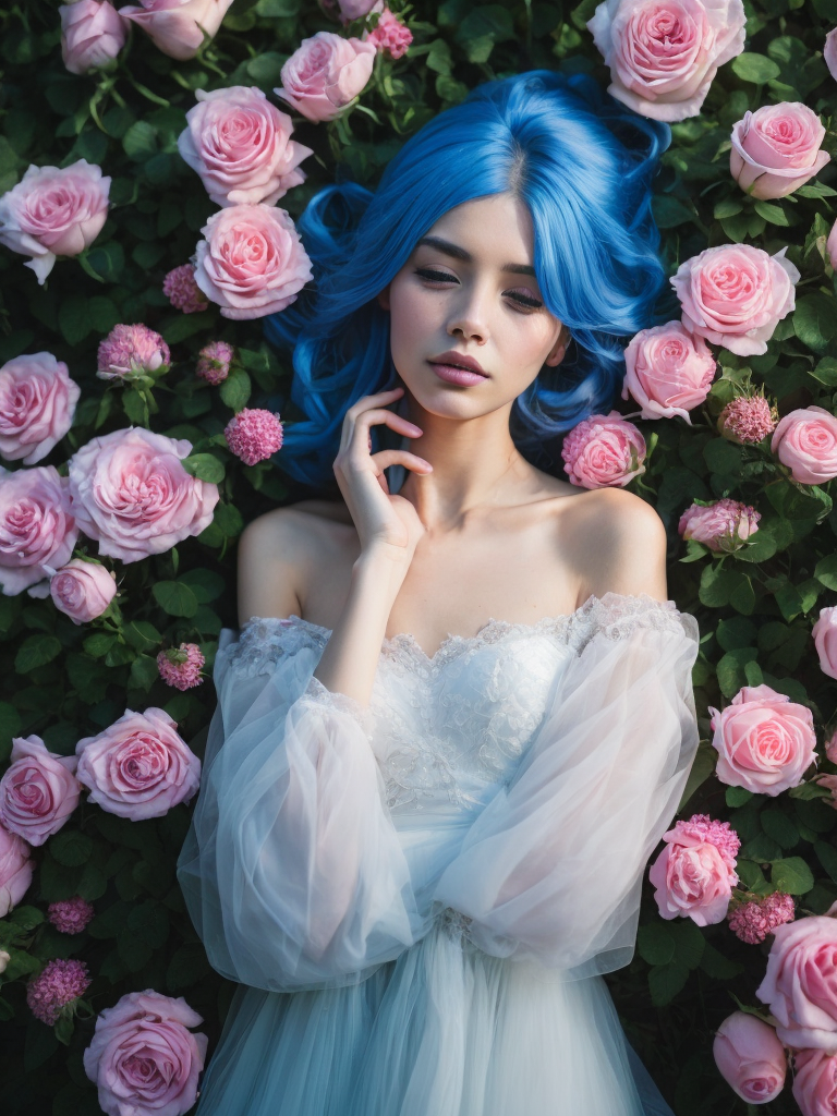 Desktop HD wallpaper: Flower, Rose, Dress, Model, Women, Blue Eyes, Blue Hair, Long Hair, Lying Down free download background picture,Human laying in flowers, top view, cinematic, dark light, beautiful colors, detailled, 4k