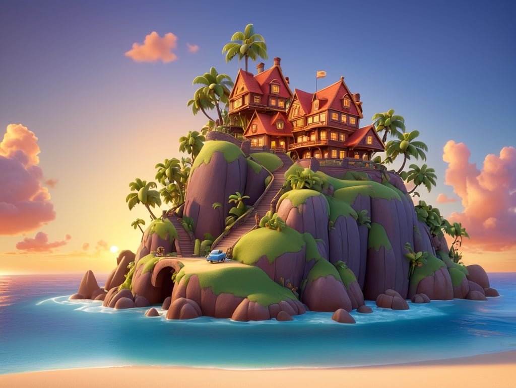island sunset, in 3D style, rendered using beautiful Disney animation, Pixar style, Disney style,