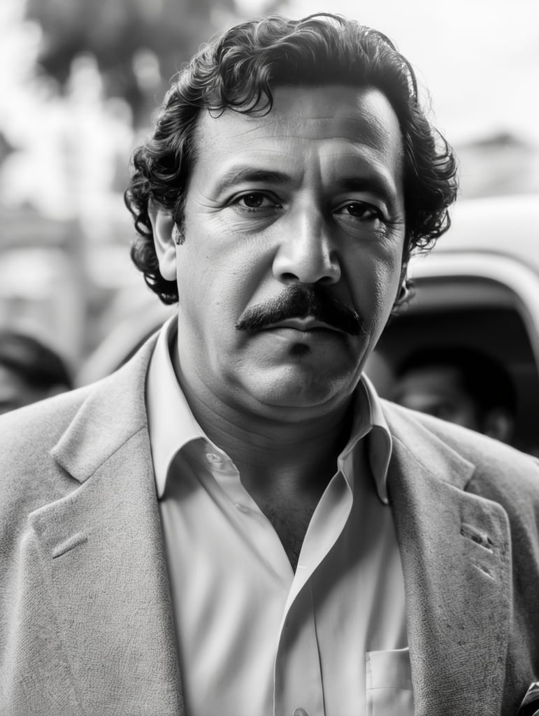 colombian capo the capos pablo emilio escobar gaviria drog lord in colombia, make a portrait, looking at the camera, (HQ skin:1.4), 8k uhd, dslr, soft lighting, high quality, film grain, Fujifilm XT3