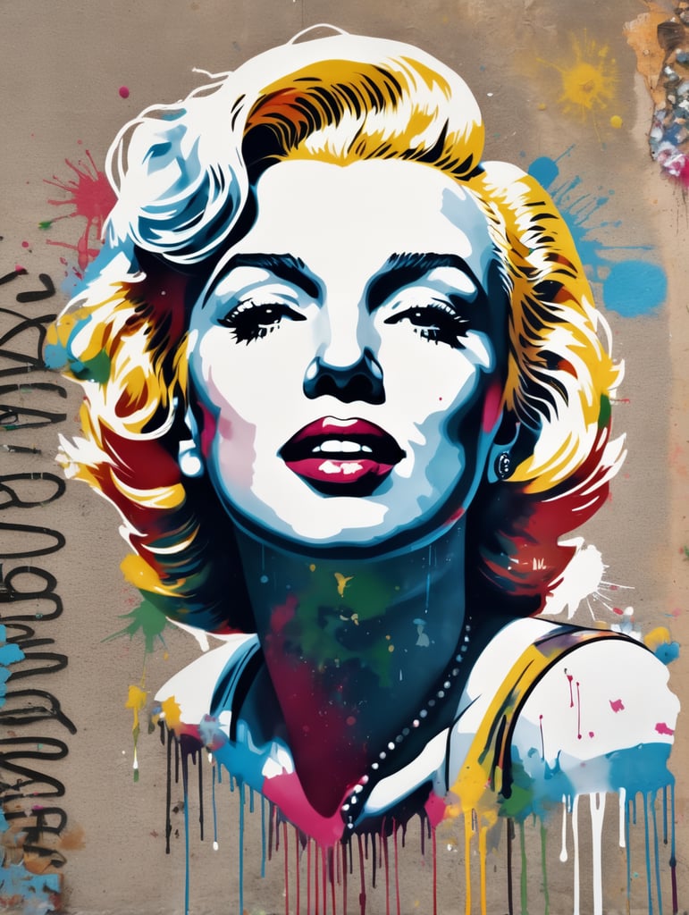 a portrait of marilyn monroe in a street-art graffiti stencil style, colorful and color-balanced with splashes and drips of paint