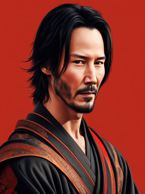 Portrait of Keanu Reeves as a samurai in a red kimono, serious look, detailed background in an oriental style, bright saturated colors