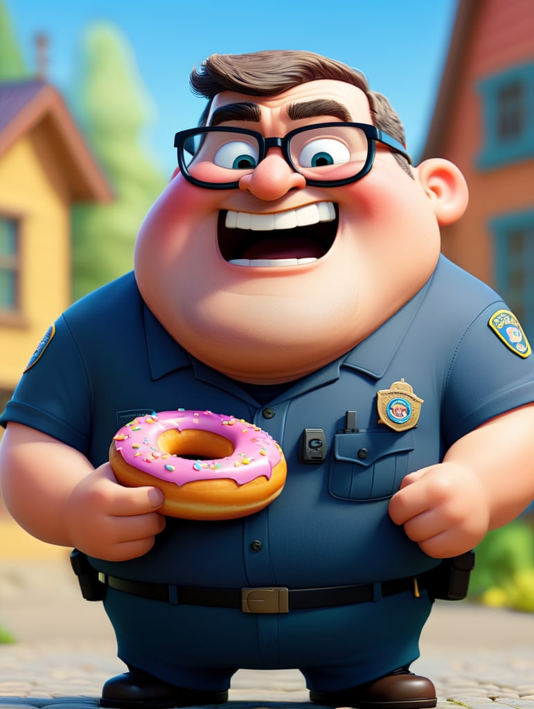 very fat cop with donut, happy, sunglasses, image, portrait