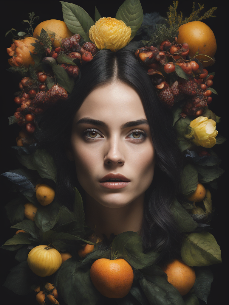 a painting of a woman's head surrounded by flowers and fruit