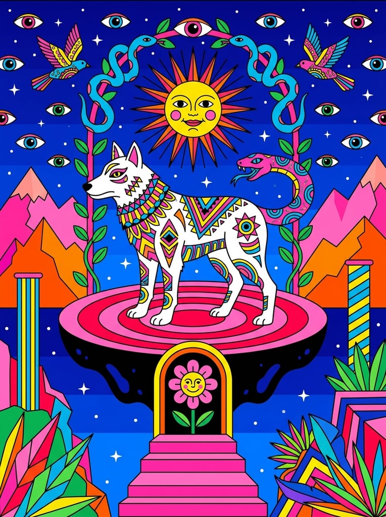 A psychedelic vector illustration centering on a stylized white canine beast with a pink and blue snake head for a tail, standing on a floating pink and red concentric circular platform. The creature is adorned with vivid yellow, pink, blue, and black geometric patterns. Above it, a radiant smiling sun face is framed by green vines and two symmetrical blue snakes against a deep blue starry sky filled with floating eyes and a patterned bird. Below the platform, a yellow archway encases a smiling flower face, approached by a pink stepped pyramid. The surreal landscape features layered pink and orange mountains, striped pillars, and angular foliage, rendered in a highly saturated, flat 2D layered aesthetic with vivid neon hues.