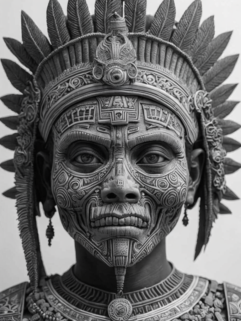 In this powerful and evocative image, mictlantecuhtli, the ancient aztec god of the underworld, emerges in all his ominous glory. rendered predominantly in stark black and white, with subtle gradations of gray, the depiction showcases the deity's menacing presence and serves as a testament to his authority. mictlantecuhtli's face embodies an intense fury, with furrowed brows and eyes ablaze with anger. his facial features are sharp and defined, with deep-set eye sockets that pierce through the darkness. elongated, bony structures form his skeletal visage, accentuating the otherworldly nature of his being. jagged teeth, stained and yellowed, protrude menacingly from his mouth, capturing his ferocity and instilling fear in those who behold him. the environment surrounding mictlantecuhtli reflects the essence of his era, transporting us to the aztec underworld known as mictlan.