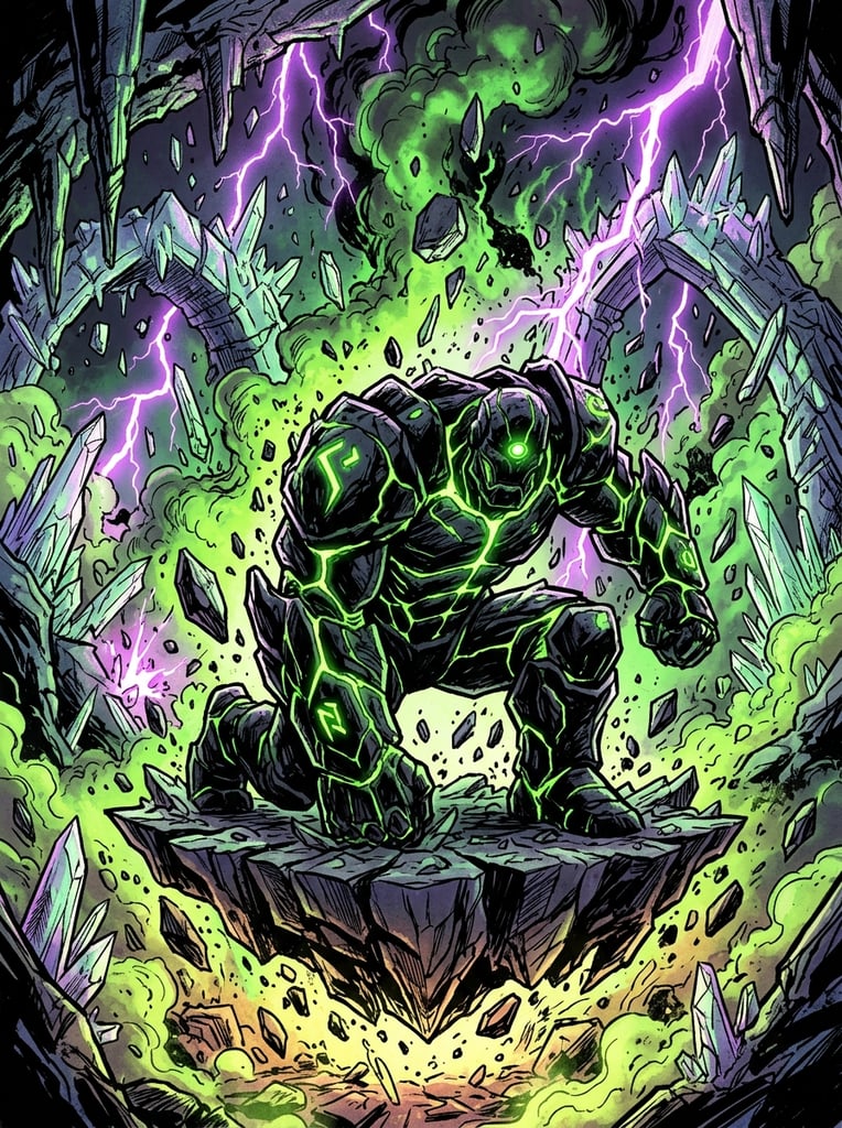 A massive obsidian golem with glowing green veins kneels on a jagged floating rock. Toxic green smoke and purple lightning fill the background of a collapsing alien crystal cavern. Shattered stalactites fall around the rocky figure. The high-contrast comic illustration features heavy black inking and vibrant neon lighting, highlighting dramatic apocalyptic destruction.