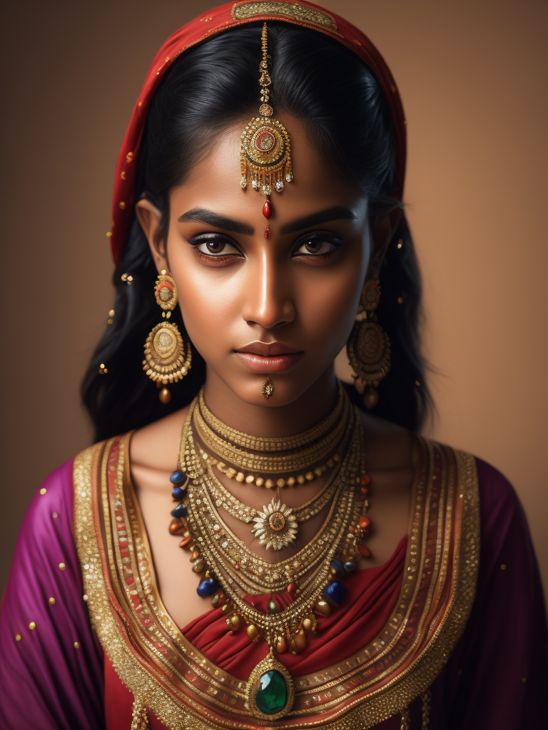 Portrait of a young, beautiful girl from India in a folk Indian dress and jewelry, Bright expressive makeup, Dramatic Lighting, Depth of field, Incredibly high detailed, bollywood
