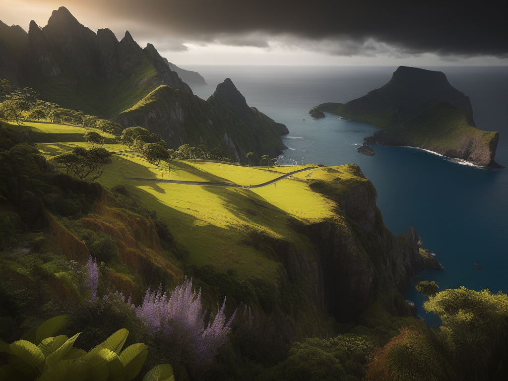 Madeira Island landscape, photorealistic, serene, peaceful, majestic, high detail, landscape, ultra hd, matte painting, highly detailed, concept art, contrast light, deep colors