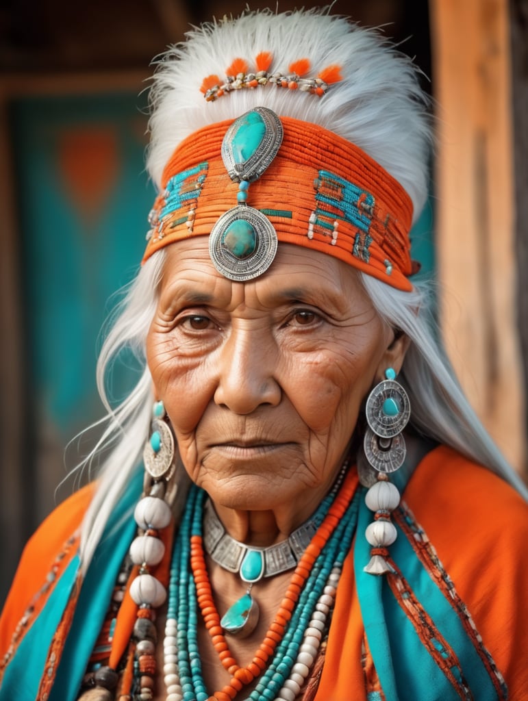 native american old woman is dressed in national clothes and jewelry, white hair, orange and turquoise colors, bright colors, high detail of the image,