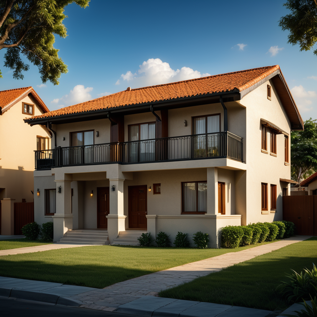 Advanced 2 floor architectural bunglow, situated in row house,slab, no roof, real life colour combination, highly detailed advanced exterior, highly detailed 3d elevation, real life day time, ultra realistic, photorealistic, 32k, UHD.