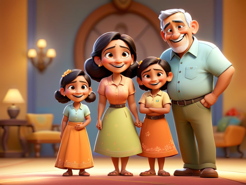 happy Indian family standing for portrait ,grand parents , mother & father , 1 girl, 1 boy, creative, a smiling mouth, standing centred in 3D style, rendered using beautiful Disney animation, Pixar style, Disney style, 3D style