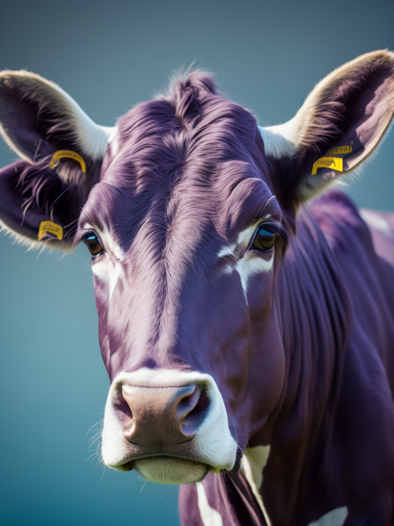 Purple Cow Portrait, Sharp Details, Cow Focus, Bright colors, Cyan Gradient Background